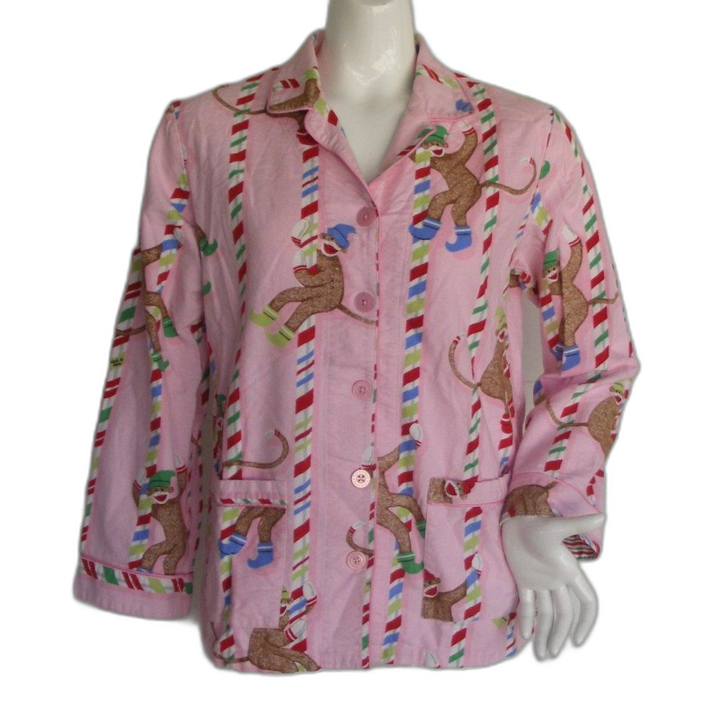 NICK & NORA Pajama Top, M, Pink, Sock Monkeys Climbing Peppermint striped poles